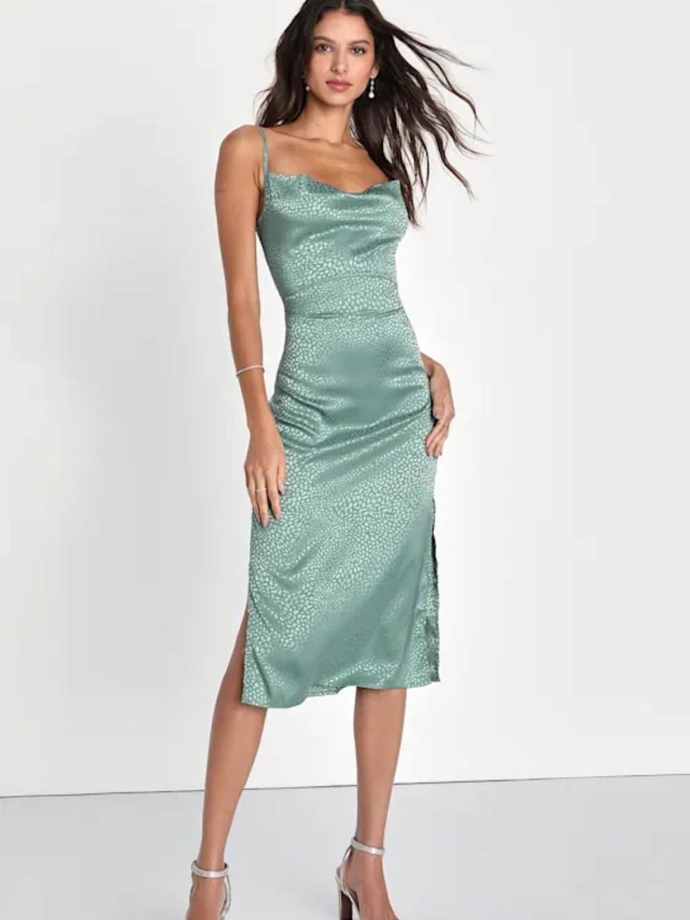 Total Stunner Sage Green Satin Jacquard Cowl Neck Midi Dress size small - Picture 2 of 12